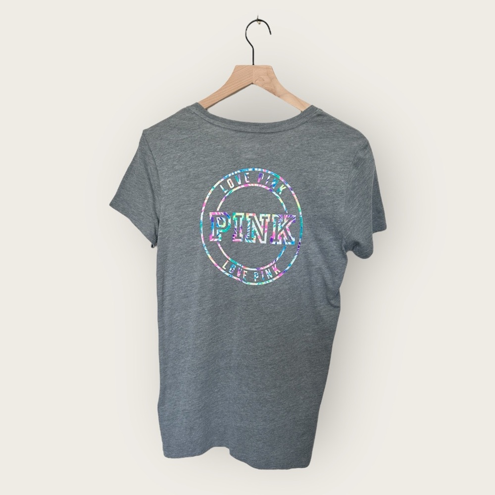 Victoria’s Secret Pink Medium Grey Tie Dye Logo Short Sleeve Shirt Top